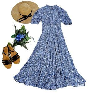 Ghost London Women's Midi Dress Size XS Cottagecore Blue White Flowy High Neck